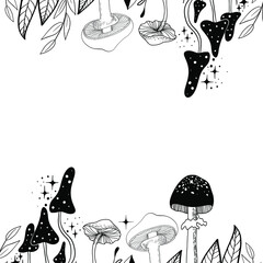 Set of colorful and black and white illustrations with magic mushrooms and moon for esoteric theme designs