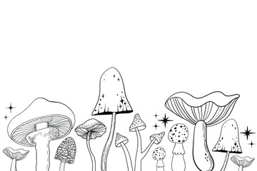 Celestial Mystical boho mushrooms, magic mushroom with moon and stars, witchcraft symbol, witchy esoteric objects, floral mystical elements fungi, fungus. Witchy tattoos. Esoteric clipart