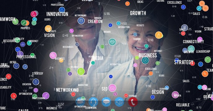 Composition of network of connections with digital icons and text over senior couple on video call