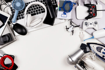 Old computers, digital tablets, mobile phones, many used electronic gadgets devices, broken...