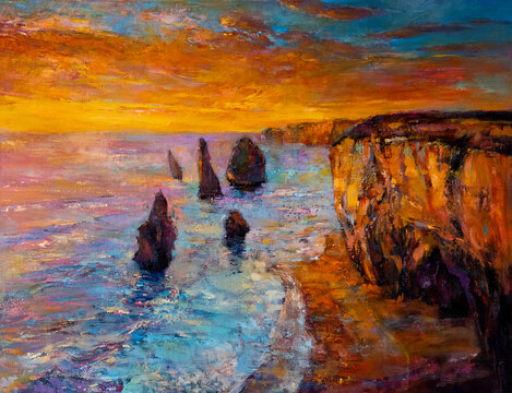 Oil painting. Seascape painting. Modern art.