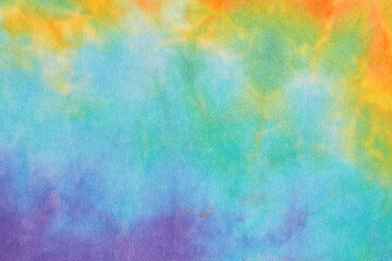 Abstract tie dye multicolor fabric cloth Boho pattern texture for background or groovy wedding card, sale flyer, 60s, 70s poster, kid tie-dye diy backdrop. Modern Watercolor Wet Brush Fabrics Art