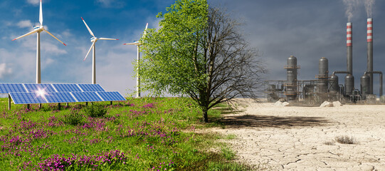 Climate change concept. Tree in two parts with green energy in healthy nature and industrial pollution with conventional energy. 3D rendering. - obrazy, fototapety, plakaty