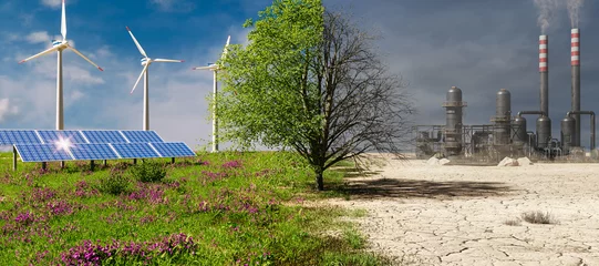 Fotobehang Climate change concept. Tree in two parts with green energy in healthy nature and industrial pollution with conventional energy. 3D rendering. © PhotoGranary