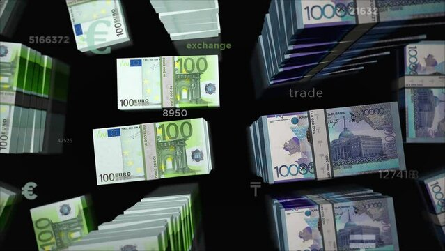 Euro and Kazakhstan Tenge money exchange. Paper banknotes pack bundle. Concept of trade, economy, competition, crisis, banking and finance. Notes loopable seamless 3d animation.