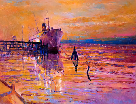 Oil painting. Sunset painting. Modern art.