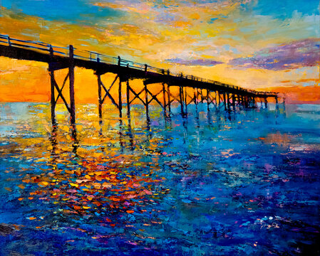 Oil painting. Sunset seascape. Modern art.
