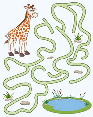 Help the giraffe find the pathway to watering hole. Logic Game for kids. Entry and exit. Funny Labyrinth with solution. Educational maze game with character giraffe. Vector cartoon style illustration.