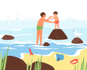 Dad and little son are relaxing on the beach. Dad holds the child standing on the cobblestone. Sea coast in summer. Seagulls sit on the cobblestones. Flat vector illustration.