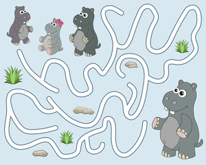 Help the hippopotamus find the pathway to children. Logic Game for kids. Entry and exit. Funny Labyrinth with solution. Educational maze game with character hippo. Vector cartoon style illustration.