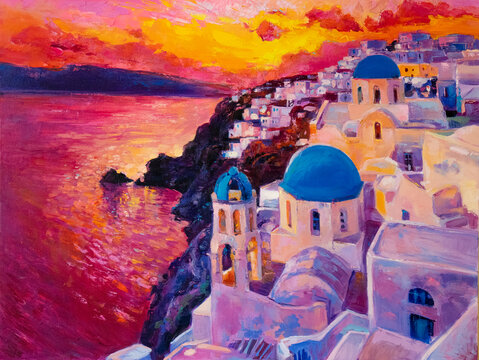 Oil painting. Santorini painting. Modern art.