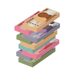 Chilean Peso Vector Illustration. Chile money set bundle banknotes. Paper money 1000, 2000, 5000, 10000, 20000 CLP.  Flat style. Isolated on white background. Simple minimal design.