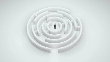 Man standing in the center of maze and thinking. Labyrinth business concept