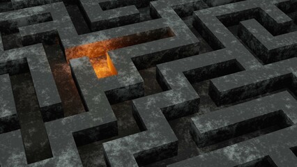 Dark maze with light game concept, grunge wall labyrinth, abstract geometric background
