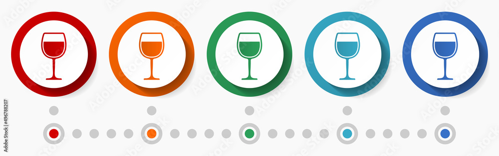 Aufkleber alcohol glass concept vector icon set, infographic template, flat design colorful web buttons in 5 c