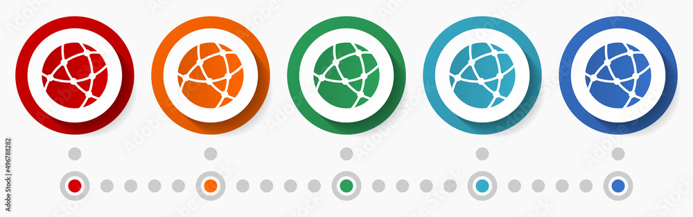 Aufkleber Web, internet concept vector icon set, infographic template, flat design colorful web buttons in 5 color options