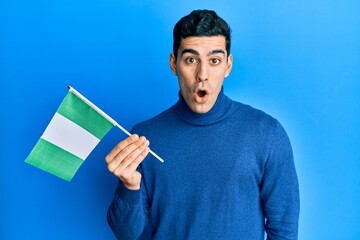 Handsome hispanic man holding nigeria flag scared and amazed with open mouth for surprise, disbelief face