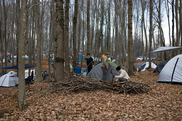 Forest campground. There are lots of tents and caravans. People collected and  cut firewood to...