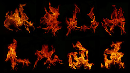 A collection of 8 flame images.Flame Flame Texture for whimsical fire backgrounds. Flame meat that has been burned from the stove or from cooking danger feeling abstract black background.
