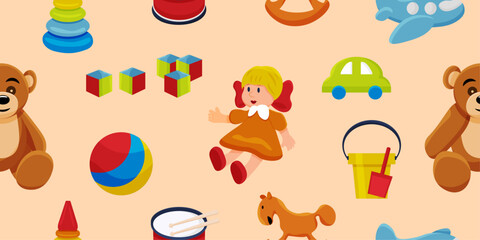 Seamless Pattern of children playing with toys.