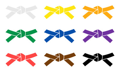 Set with belts karate on white background. Full Collection of martial arts belts. Vector 10 EPS. - obrazy, fototapety, plakaty
