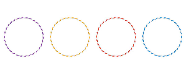 Colored set with gymnastic bangles hoops. Sport circle striped hula Hoops for gymnastics. Fitness equipment. - obrazy, fototapety, plakaty