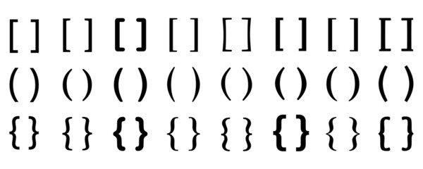 Black brackets set on white background. Parenthesis set vector collection. Curly brackets vector icons.