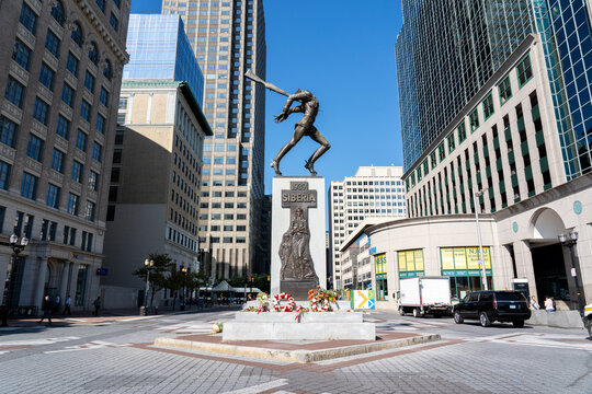 Jersey City, United States - September 19, 2019: The Katyn Memorial, which is dedicated to the victims of the Katyn massacre in 1940. Created by Polish-American sculptor Andrzej Pitynski in 1991.