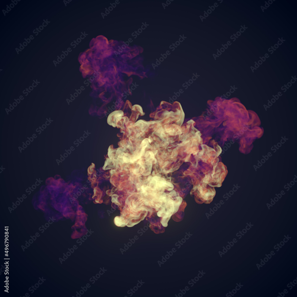 Poster abstract fantastic explosion with multi colored smoke mixing on dark background. 3d rendering digita