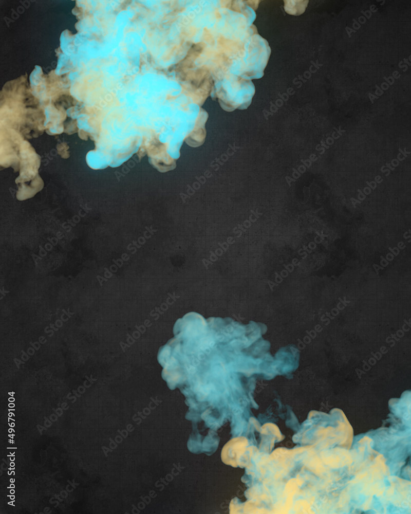 Poster blue and yellow colored smoke explosions on old scratched surface. glow effect. 3d rendering digital