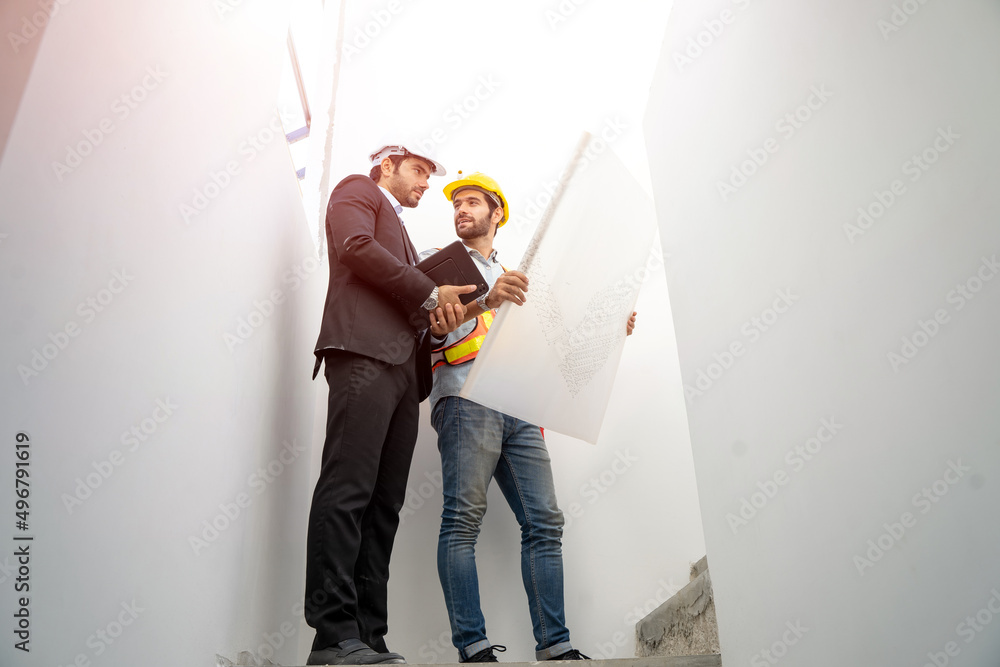 Poster architects and engineer discussing project of building outdoors,new house builder.
