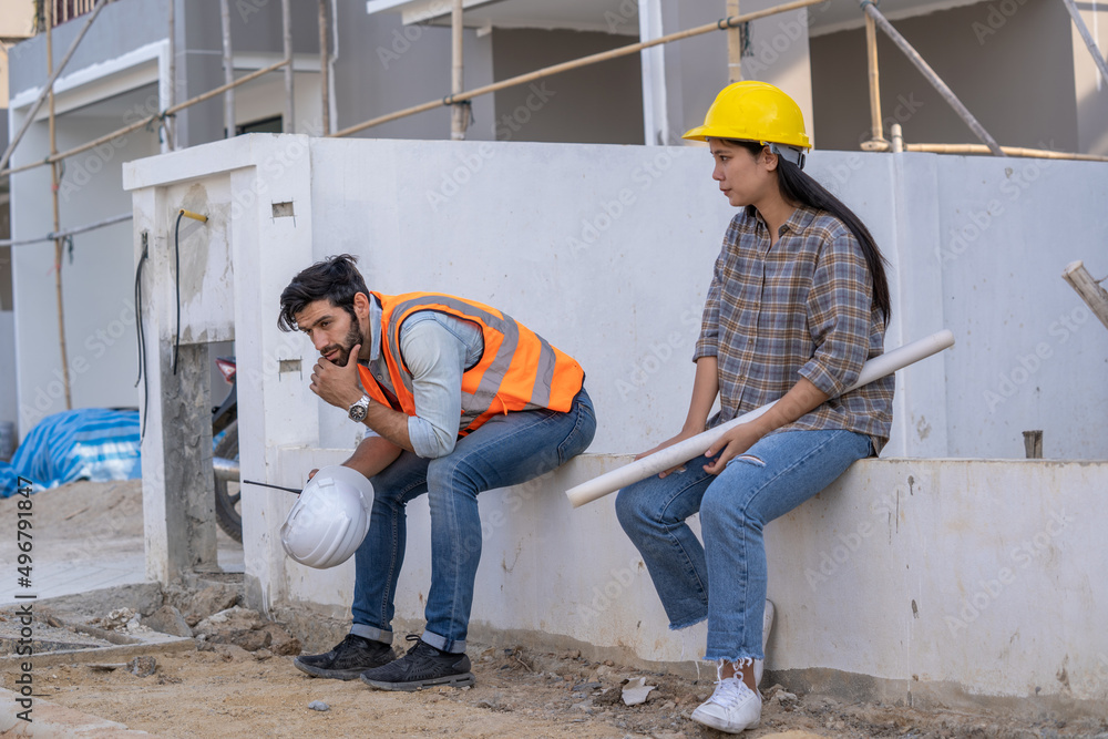 Aufkleber Engineer and architect are stressed at construction site,He is having problems in work,Engineering concept.