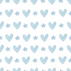 Blue hearts and stars watercolor seamless pattern 