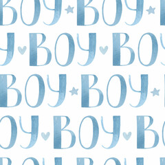 Boy watercolor lettering with heart and star seamless pattern	