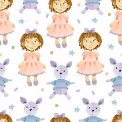 Watercolor doll and baby kangaroo seamless pattern 