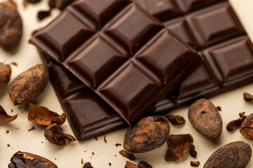 Dark chocolate bar close up photography with roasted cocoa beans