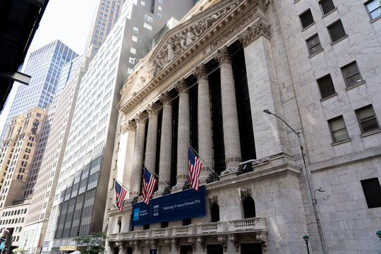 New York, United States of America - September 19, 2019: Facade of the Stock Exchange buidling on Wall Street
