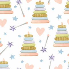 Toy pyramid watercolor seamless pattern 