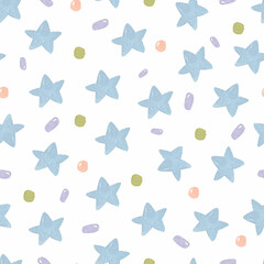Watercolor blue stars and confetti seamless pattern
