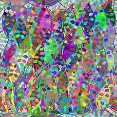 Fototapeta na wymiar Seamless pattern with interesting doodles on colorfil background. Vector illustration.