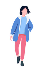 Walking girl in comfy clothes semi flat color vector character. Posing figure. Full body person on white. Park visitor simple cartoon style illustration for web graphic design and animation