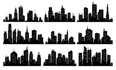 Vector city silhouette collection. Modern urban landscapes. High buildings with windows. Illustration on white background