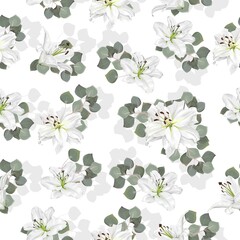 Seamless vector pattern. White lilies and eucalyptus