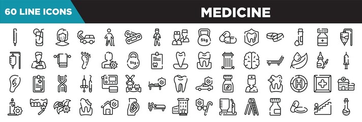 medicine line icons set. linear icons collection. thermometer reading temperature, fresh soda glass, pimples, car crash vector illustration