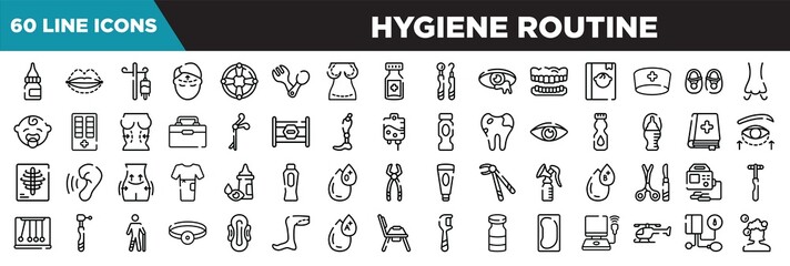 hygiene routine line icons set. linear icons collection. drop medicine, sil, drip, forehead vector illustration