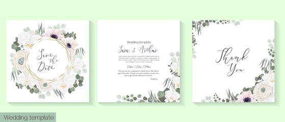 Vector floral template for wedding invitations. White orchids, anemones, roses, ranunculus, eucalyptus, green herbs and plants, round polygonal frame. 