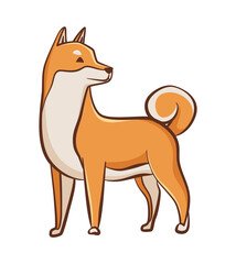 Shiba inu dog character. Playful pet standing. Hand drawn vector sticker. Cute and funny dog. Adorable friend