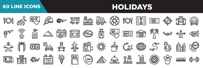 holidays line icons set. linear icons collection. plate, knife and fork, traveler at the airport, airplane tickets, baggage verification vector illustration