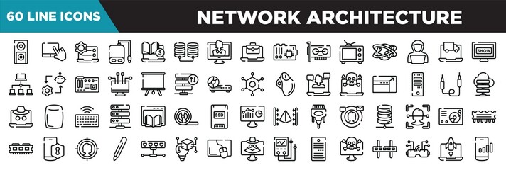 Fototapeta na wymiar network architecture line icons set. linear icons collection. dvd player, touchpad, preferences, power bank vector illustration