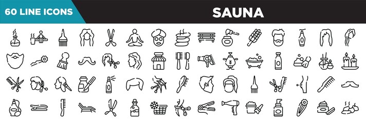 Fototapeta na wymiar sauna line icons set. linear icons collection. scent, sauna, brush tool, woman hair cut vector illustration